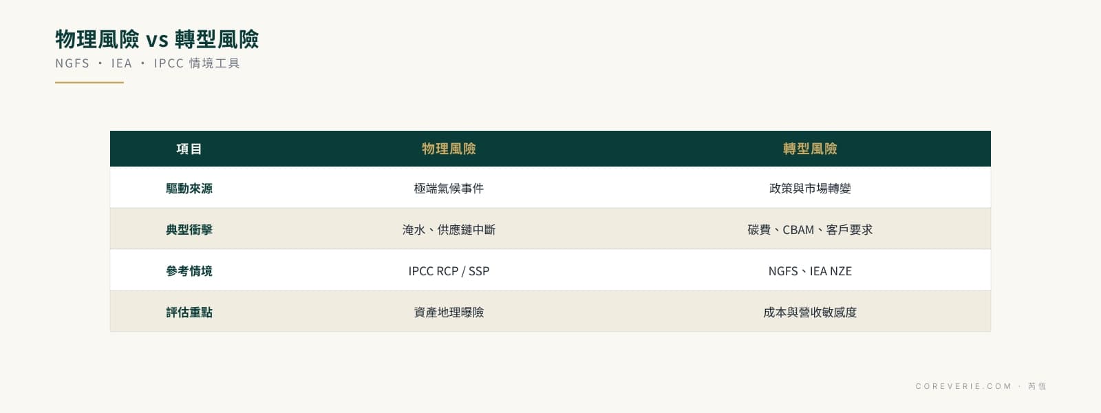 TCFD 情境分析：物理風險與轉型風險比較，IPCC、NGFS、IEA 情境工具與量化評估重點
